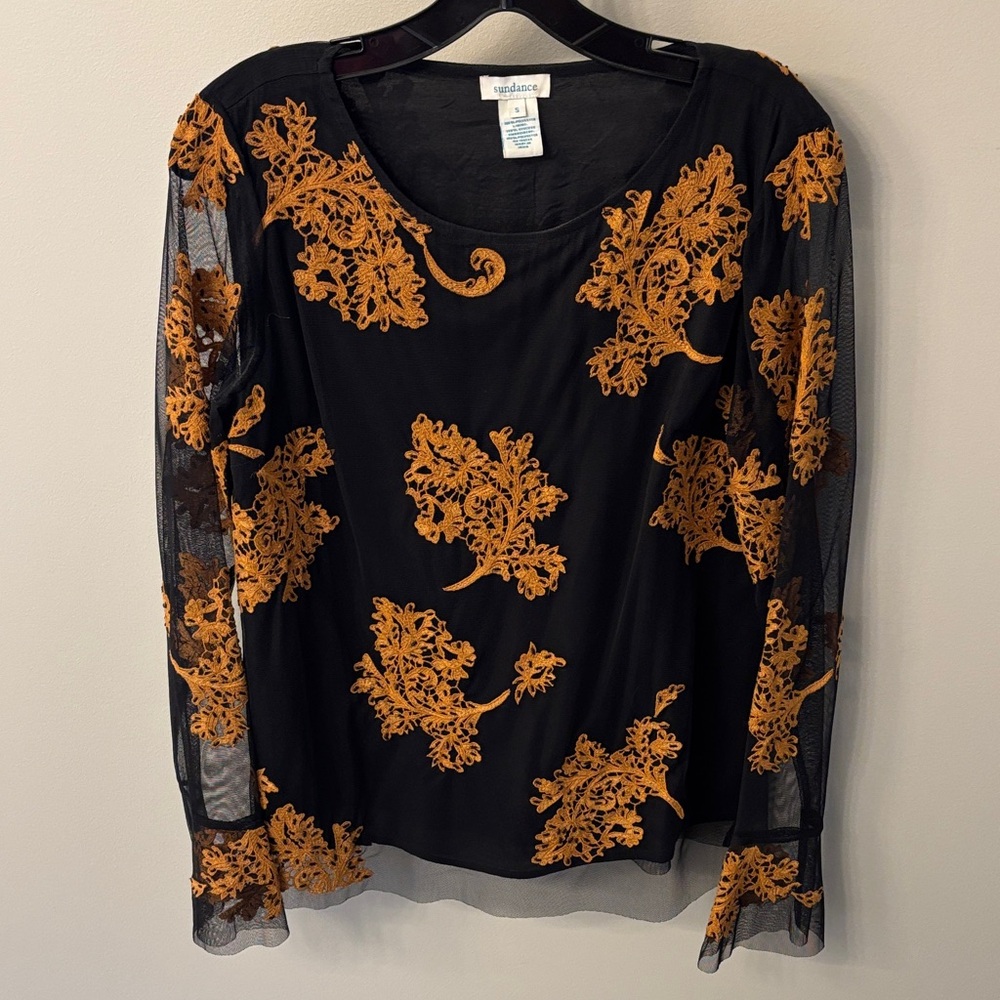 Sundance Black Mesh Long-Sleeve Top with Gold Floral Appliqué